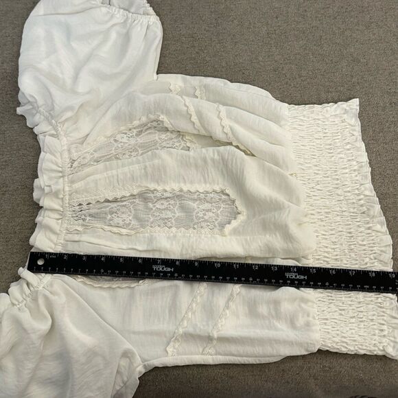 Vintage Blouse M Cream XOXO Lace Sheer Smocked Milkmaid Cottagecore Coquette Y2K - Picture 8 of 10